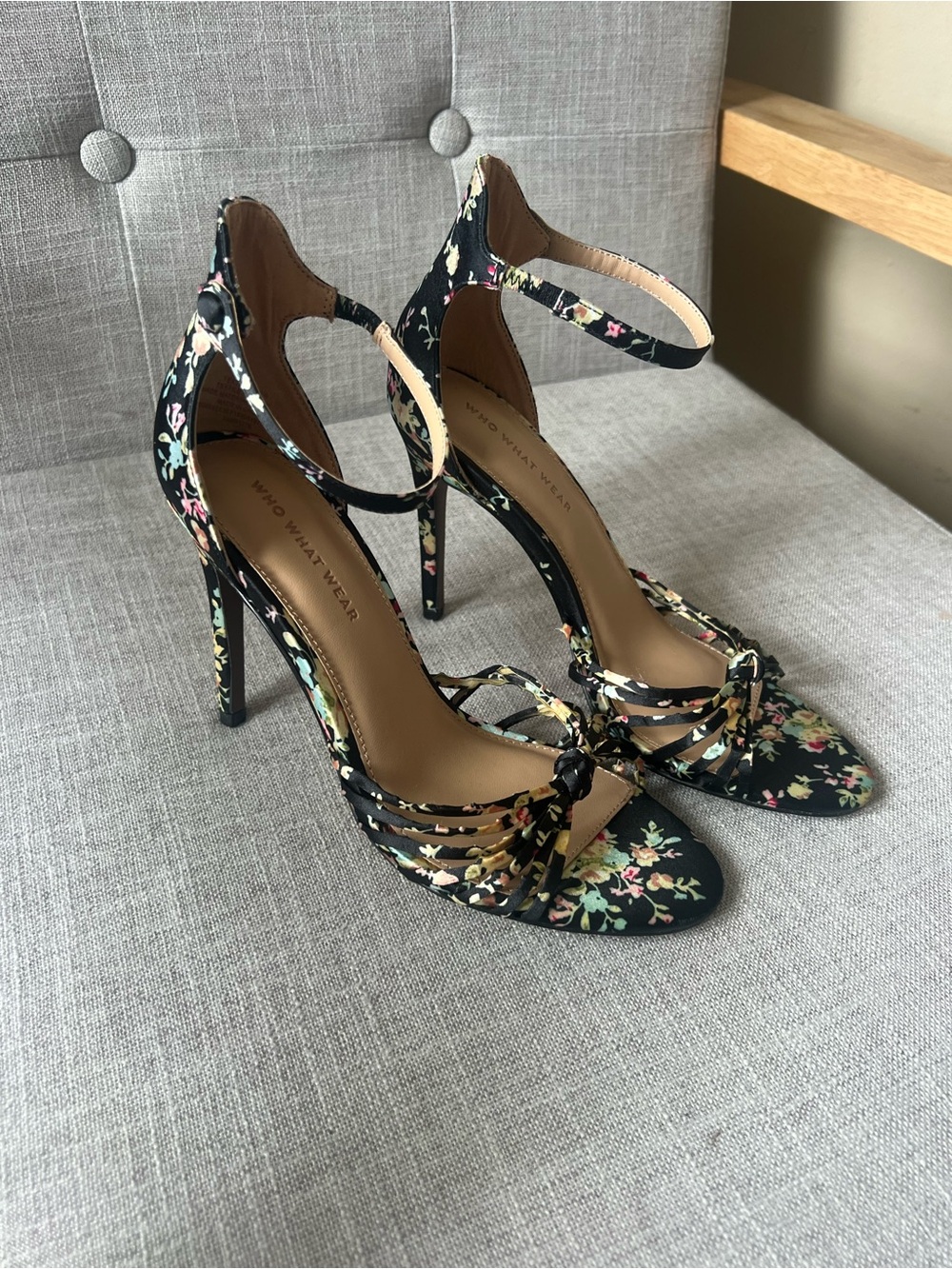 Who What Wear Black Floral Ankle-Strap Stiletto heels, size 7.5, dressy wedding